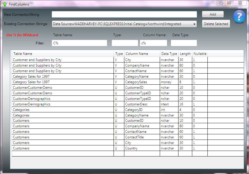 Find Columns in SQL DB Screenshot